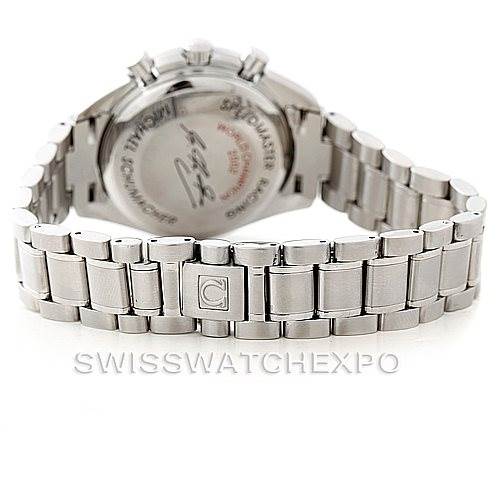 The image shows a rear view of the Omega Speedmaster 3529.50.00 Men
s Stainless Steel Black Dial 3529.50.00 Men
s Stainless Steel Black Dial watch, highlighting its case back and metal bracelet.