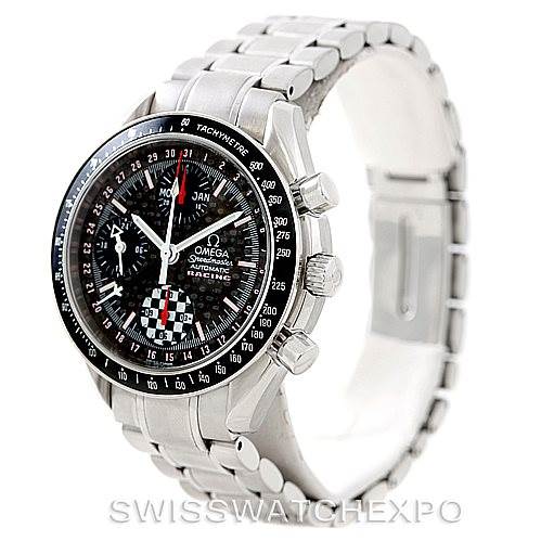 The image shows an Omega Speedmaster 3529.50.00 Men
s Stainless Steel Black Dial 3529.50.00 Men
s Stainless Steel Black Dial watch at a three-quarter angle, displaying the dial, bezel, crown, pushers, and bracelet.