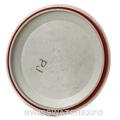 This image shows the inner case back of an Omega Speedmaster 3510.50.00 Men
s Stainless Steel Black Dial 3510.50.00 Men
s Stainless Steel Black Dial watch, highlighting engraving details.