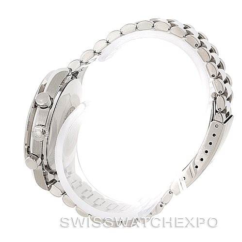 The side view of the Omega Speedmaster 3510.50.00 Men
s Stainless Steel Black Dial 3510.50.00 Men
s Stainless Steel Black Dial watch shows the case, pushers, crown, and metal bracelet.