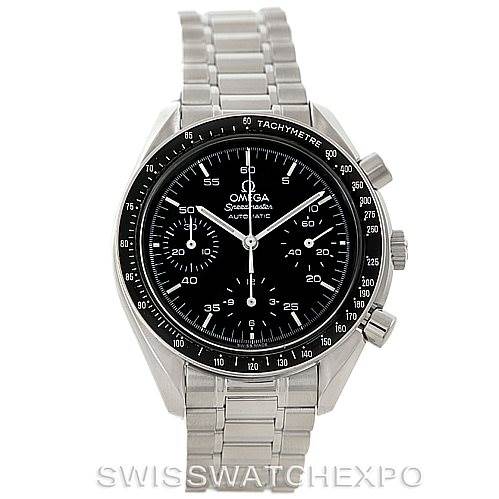 This image shows a front view of an Omega Speedmaster 3510.50.00 Men
s Stainless Steel Black Dial 3510.50.00 Men
s Stainless Steel Black Dial watch, displaying its face, bezel, and stainless steel bracelet.