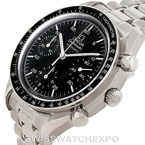 The image shows an Omega Speedmaster 3510.50.00 Men
s Stainless Steel Black Dial 3510.50.00 Men
s Stainless Steel Black Dial watch at a slight angle, displaying the face, bezel, crown, and stainless steel bracelet.