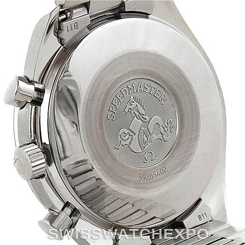 The image shows the back case and side buttons of an Omega Speedmaster 3510.50.00 Men
s Stainless Steel Black Dial 3510.50.00 Men
s Stainless Steel Black Dial watch with engravings on the case back.