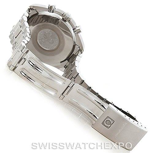 The image shows the back case and open stainless steel bracelet of the Omega Speedmaster 3510.50.00 Men
s Stainless Steel Black Dial 3510.50.00 Men
s Stainless Steel Black Dial watch, highlighting the brand logo on the clasp.