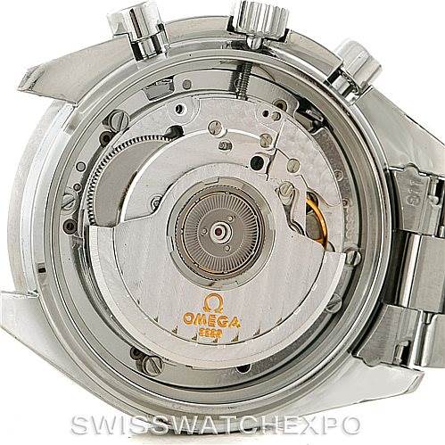 The image shows the back view of the Omega Speedmaster 3510.50.00 Men
s Stainless Steel Black Dial 3510.50.00 Men
s Stainless Steel Black Dial watch, specifically the internal movement mechanism and parts.