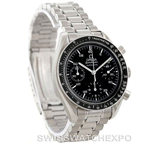 This image shows an oblique angle of the Omega Speedmaster 3510.50.00 Men
s Stainless Steel Black Dial 3510.50.00 Men
s Stainless Steel Black Dial watch, highlighting the face, bracelet, and tachymeter bezel.
