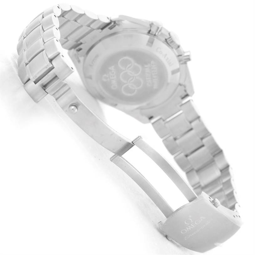 The image shows the back, clasp, and bracelet of an Omega Speedmaster 321.10.42.50.04.001 Men
s Stainless Steel White Dial 321.10.42.50.04.001 Men
s Stainless Steel White Dial watch from a side angle.