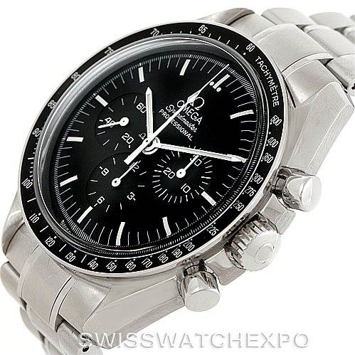 This image features an Omega Speedmaster 3572.50.00 Men
s Stainless Steel Black Dial 3572.50.00 Men
s Stainless Steel Black Dial watch shown at a slight angle, highlighting the dial, bracelet, and crown.
