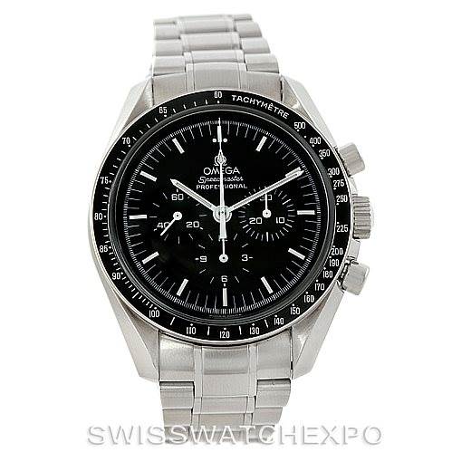 This image shows a front view of the Omega Speedmaster 3572.50.00 Men
s Stainless Steel Black Dial 3572.50.00 Men
s Stainless Steel Black Dial watch, displaying its dial, bezel, and stainless steel bracelet.