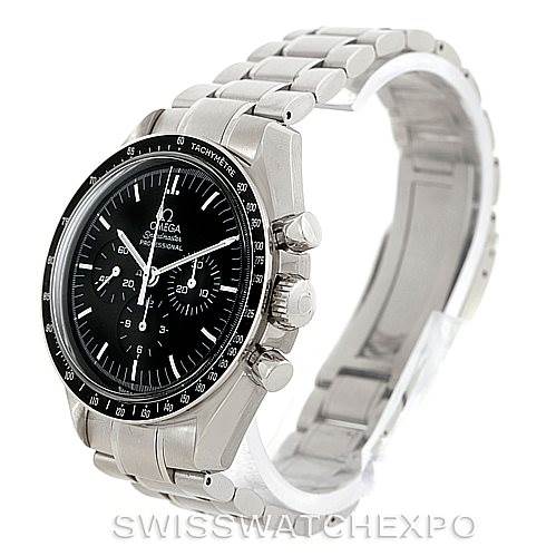 The Omega Speedmaster 3572.50.00 Men
s Stainless Steel Black Dial 3572.50.00 Men
s Stainless Steel Black Dial watch is angled slightly to show its face, tachymeter bezel, side buttons, and stainless steel bracelet.