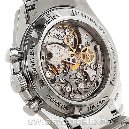 This image shows the rear view of an Omega Speedmaster 3572.50.00 Men
s Stainless Steel Black Dial 3572.50.00 Men
s Stainless Steel Black Dial watch, revealing its exposed mechanical movement.