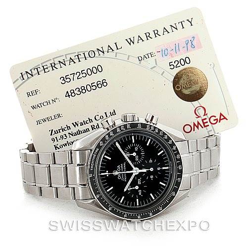 The image displays an Omega Speedmaster 3572.50.00 Men
s Stainless Steel Black Dial 3572.50.00 Men
s Stainless Steel Black Dial watch from a front angle, along with its international warranty card.