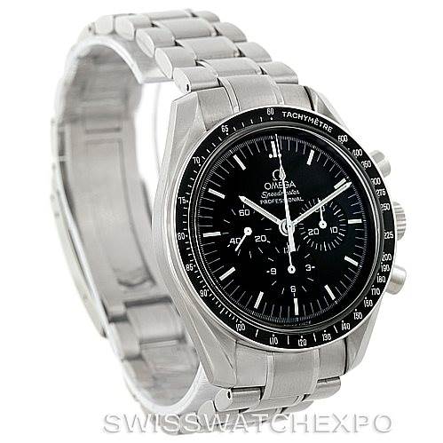 The Omega Speedmaster 3572.50.00 Men
s Stainless Steel Black Dial 3572.50.00 Men
s Stainless Steel Black Dial watch is shown from a three-quarter left angle, displaying its black dial, tachymeter bezel, and stainless steel bracelet.
