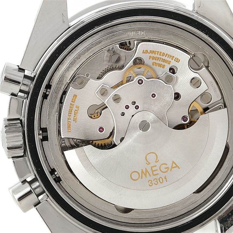 This image shows the back view of an Omega Speedmaster 3506.31.00 Men
s Stainless Steel Silver Dial 3506.31.00 Men
s Stainless Steel Silver Dial watch, highlighting the intricate movement mechanism.
