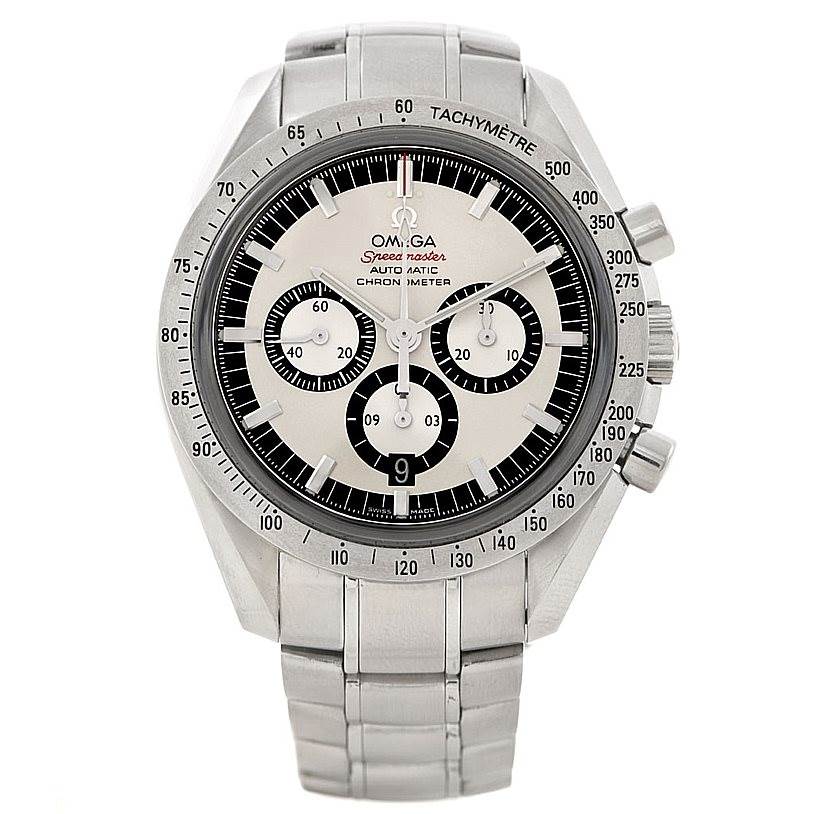 The image shows a front view of the Omega Speedmaster 3506.31.00 Men
s Stainless Steel Silver Dial 3506.31.00 Men
s Stainless Steel Silver Dial watch, displaying its face, bezel, and bracelet.