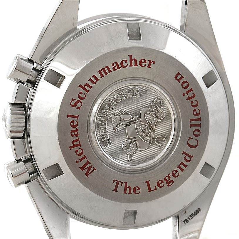 The image shows the case back of an Omega Speedmaster 3506.31.00 Men
s Stainless Steel Silver Dial 3506.31.00 Men
s Stainless Steel Silver Dial watch, featuring "Michael Schumacher The Legend Collection" engraving.