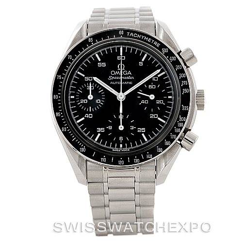 The image shows a front view of the Omega Speedmaster 3510.50.00 Men
s Stainless Steel Black Dial 3510.50.00 Men
s Stainless Steel Black Dial watch, displaying the face, bezel, and bracelet.
