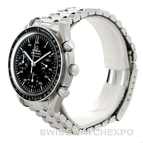 The image shows a side angle of the Omega Speedmaster 3510.50.00 Men
s Stainless Steel Black Dial 3510.50.00 Men
s Stainless Steel Black Dial watch, highlighting its bezel, crown, pushers, and metal bracelet.