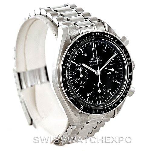 The image shows an Omega Speedmaster 3510.50.00 Men
s Stainless Steel Black Dial 3510.50.00 Men
s Stainless Steel Black Dial watch angled to display its face, bezel, and part of the stainless steel bracelet.