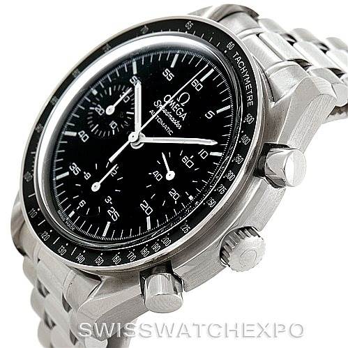 The image shows a close-up, angled view of the Omega Speedmaster 3510.50.00 Men
s Stainless Steel Black Dial 3510.50.00 Men
s Stainless Steel Black Dial watch, highlighting its face, bezel, and chronograph pushers.