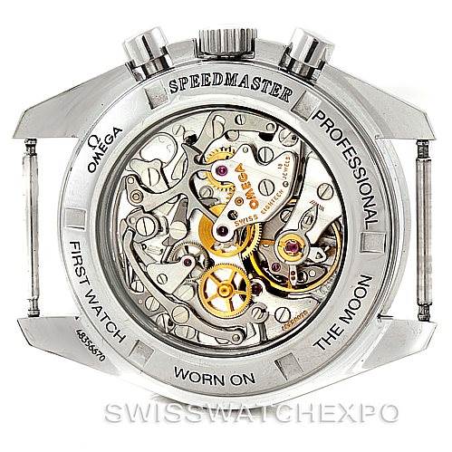 This image shows the case back view of an Omega Speedmaster 3572.50.00 Men's Stainless Steel Black Dial 3572.50.00 Men's Stainless Steel Black Dial watch, revealing its intricate mechanical movement.