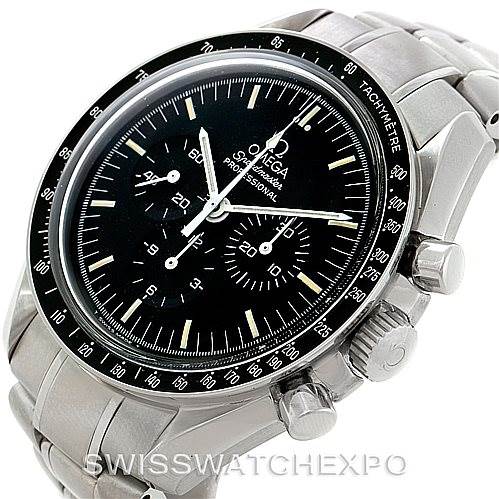 This image showcases the Omega Speedmaster 3572.50.00 Men's Stainless Steel Black Dial 3572.50.00 Men's Stainless Steel Black Dial watch from a top and slight side angle, highlighting its dial, bezel, and bracelet.