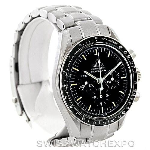 The Omega Speedmaster 3572.50.00 Men's Stainless Steel Black Dial 3572.50.00 Men's Stainless Steel Black Dial watch is shown at an angle highlighting the face, bezel, and stainless steel bracelet.