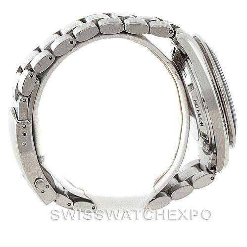 The image displays a side view of the Omega Speedmaster 3572.50.00 Men's Stainless Steel Black Dial 3572.50.00 Men's Stainless Steel Black Dial watch, showcasing its stainless steel band and case.