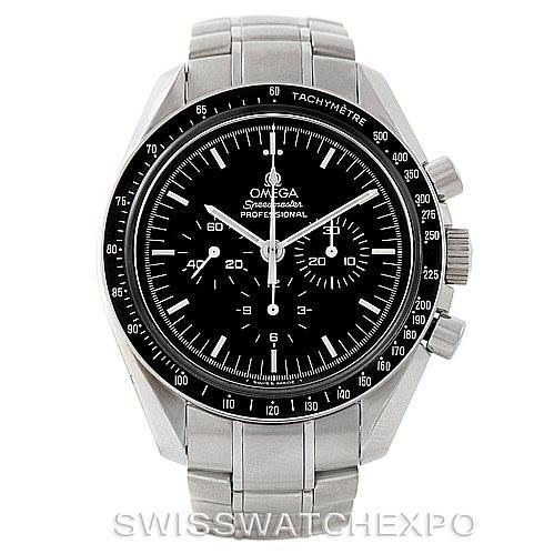 This image shows a front view of the Omega Speedmaster 3572.50.00 Men's Stainless Steel Black Dial 3572.50.00 Men's Stainless Steel Black Dial watch, highlighting its dial, bezel, crown, pushers, and bracelet.