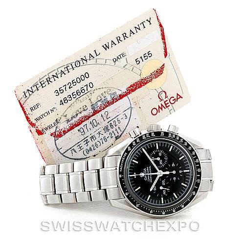 The image shows an Omega Speedmaster 3572.50.00 Men's Stainless Steel Black Dial 3572.50.00 Men's Stainless Steel Black Dial watch from a top view, along with its International Warranty card placed above it.