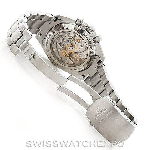 The image shows the back and clasp of the Omega Speedmaster 3572.50.00 Men's Stainless Steel Black Dial 3572.50.00 Men's Stainless Steel Black Dial watch, highlighting its open case back and bracelet.