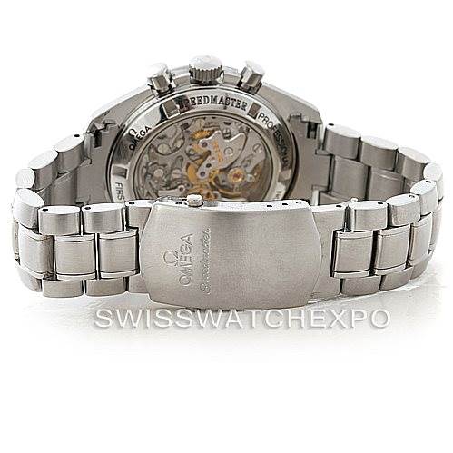 The image shows the back view of an Omega Speedmaster 3572.50.00 Men's Stainless Steel Black Dial 3572.50.00 Men's Stainless Steel Black Dial watch emphasizing the metal bracelet and visible mechanics of the movement.