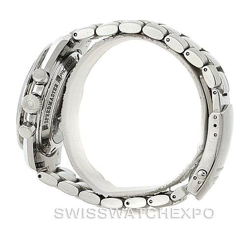 This image shows a side profile of the Omega Speedmaster 3572.50.00 Men's Stainless Steel Black Dial 3572.50.00 Men's Stainless Steel Black Dial watch, highlighting its metallic bracelet and pushers.