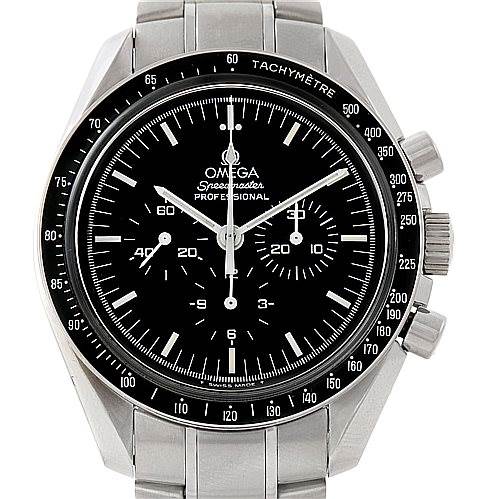 This is a front view of an Omega Speedmaster 3572.50.00 Men's Stainless Steel Black Dial 3572.50.00 Men's Stainless Steel Black Dial watch showing the dial, tachymetric bezel, and chronograph pushers.