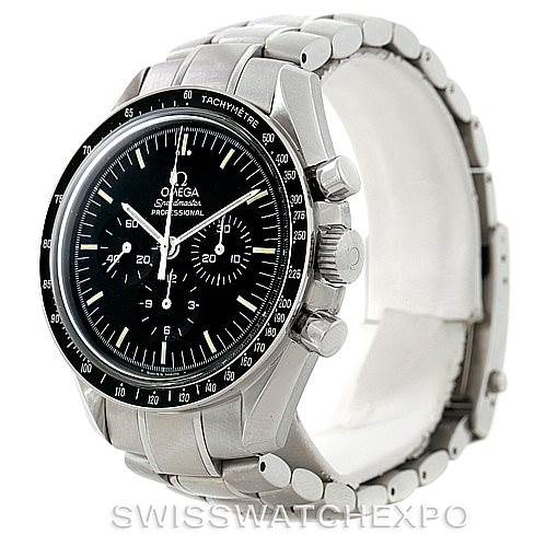 The image shows an Omega Speedmaster 3572.50.00 Men's Stainless Steel Black Dial 3572.50.00 Men's Stainless Steel Black Dial watch at a three-quarter angle, highlighting the face, bezel, and bracelet.