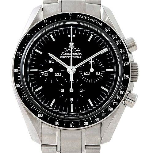 The image shows a frontal view of the Omega Speedmaster 3572.50.00 Men
s Stainless Steel Black Dial 3572.50.00 Men
s Stainless Steel Black Dial watch, highlighting its dial, tachymeter, subdials, and crown.