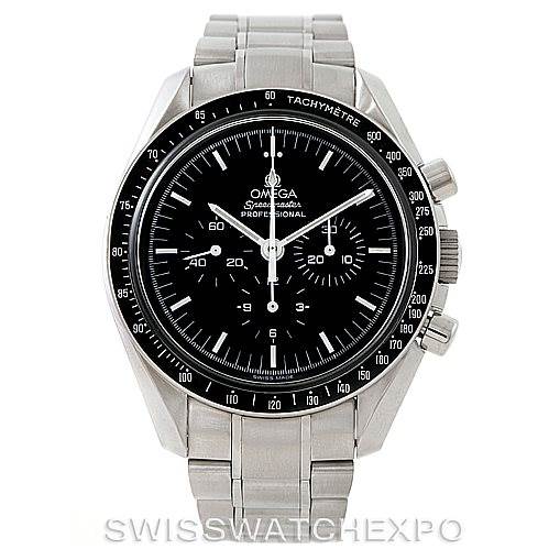 This image shows a front view of an Omega Speedmaster 3572.50.00 Men
s Stainless Steel Black Dial 3572.50.00 Men
s Stainless Steel Black Dial watch, featuring the dial, bezel, and bracelet.