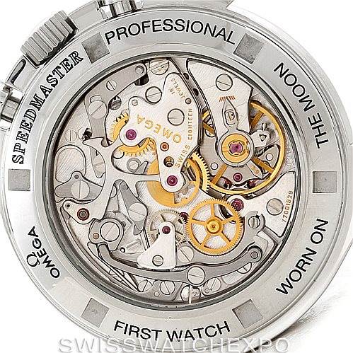 This image shows the back of the Omega Speedmaster 3572.50.00 Men
s Stainless Steel Black Dial 3572.50.00 Men
s Stainless Steel Black Dial watch, highlighting its intricate movement and internal mechanisms.