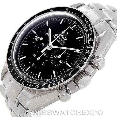 The image shows an Omega Speedmaster 3572.50.00 Men
s Stainless Steel Black Dial 3572.50.00 Men
s Stainless Steel Black Dial watch from a tilted angle, highlighting its black dial, bezel, chronograph subdials, crown, and pushers.