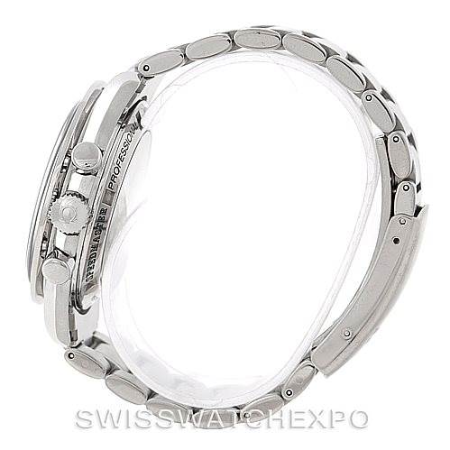 The image shows a side view of the Omega Speedmaster 3572.50.00 Men
s Stainless Steel Black Dial 3572.50.00 Men
s Stainless Steel Black Dial watch, highlighting its bracelet and chronograph pushers.