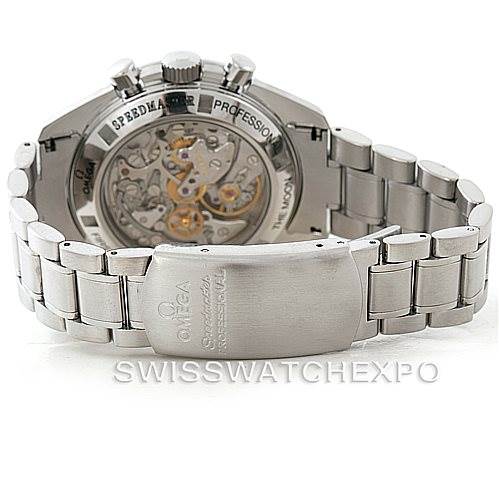 The image shows the Omega Speedmaster 3572.50.00 Men
s Stainless Steel Black Dial 3572.50.00 Men
s Stainless Steel Black Dial watch from the back, highlighting its open case back and stainless steel bracelet.