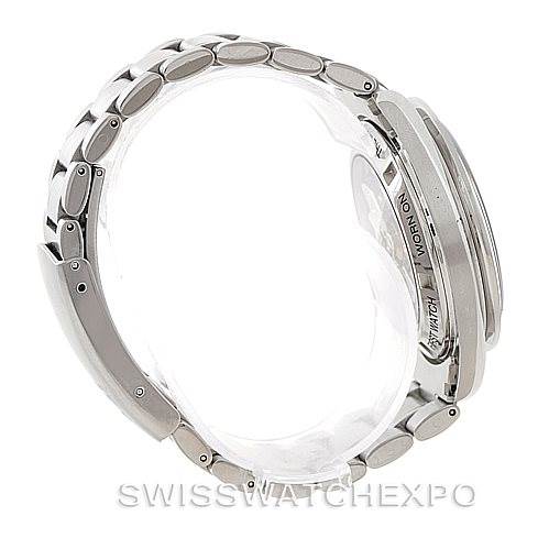 The image shows a side view of the Omega Speedmaster 3572.50.00 Men
s Stainless Steel Black Dial 3572.50.00 Men
s Stainless Steel Black Dial watch, highlighting its metal bracelet and case profile.