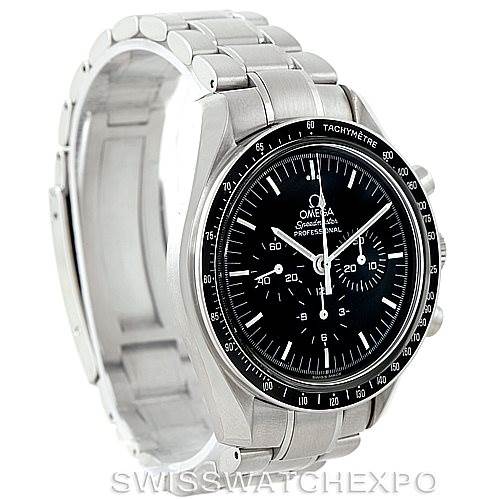 The image shows an Omega Speedmaster 3572.50.00 Men
s Stainless Steel Black Dial 3572.50.00 Men
s Stainless Steel Black Dial watch with a side angle highlighting the stainless steel bracelet and tachymeter bezel.