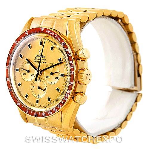 The image shows an Omega Speedmaster 145022 Men's Yellow Gold Champagne Dial 145022 Men's Yellow Gold Champagne Dial watch from a diagonal front-right angle, highlighting the gold bracelet, bezel, and dial.
