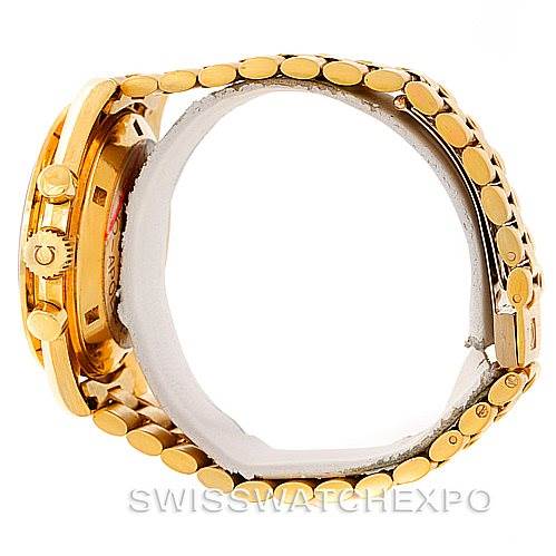 This image shows a side view of an Omega Speedmaster 145022 Men's Yellow Gold Champagne Dial 145022 Men's Yellow Gold Champagne Dial watch, highlighting its gold case and bracelet.