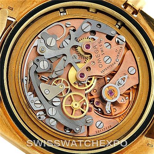 This image shows a close-up of the movement and inner mechanics of the Omega Speedmaster 145022 Men's Yellow Gold Champagne Dial 145022 Men's Yellow Gold Champagne Dial watch from a back angle.