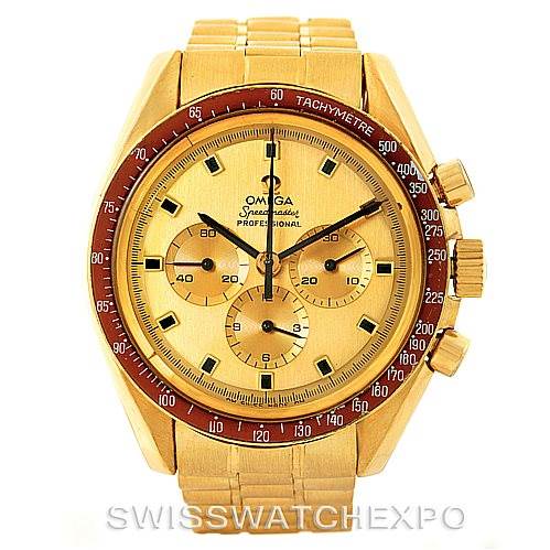 The image shows a front view of the Omega Speedmaster 145022 Men's Yellow Gold Champagne Dial 145022 Men's Yellow Gold Champagne Dial watch, highlighting the dial, bezel, and bracelet.