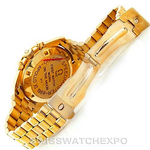 This image shows the back case and bracelet of a gold Omega Speedmaster 145022 Men's Yellow Gold Champagne Dial 145022 Men's Yellow Gold Champagne Dial watch, highlighting its engraving and clasp.