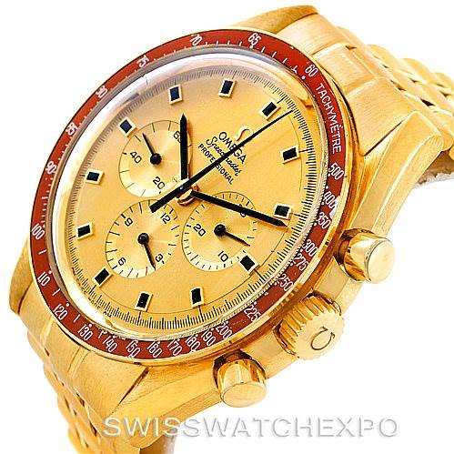The image shows a side view of an Omega Speedmaster 145022 Men's Yellow Gold Champagne Dial 145022 Men's Yellow Gold Champagne Dial watch, highlighting the face, bezel, crown, and pushers.