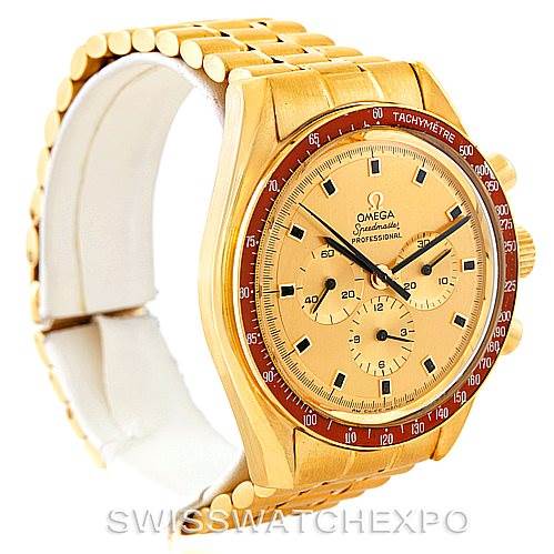 This image shows a gold Omega Speedmaster 145022 Men's Yellow Gold Champagne Dial 145022 Men's Yellow Gold Champagne Dial watch angled to display the face, dial, bezel, and part of the bracelet.